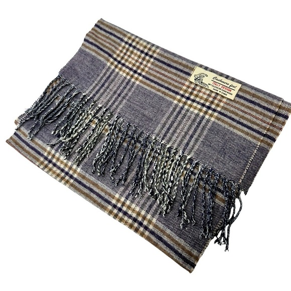 ITALY DESIGN Cashmere Feel Purple Tan Tartan Plaid Scarf - Picture 5 of 6